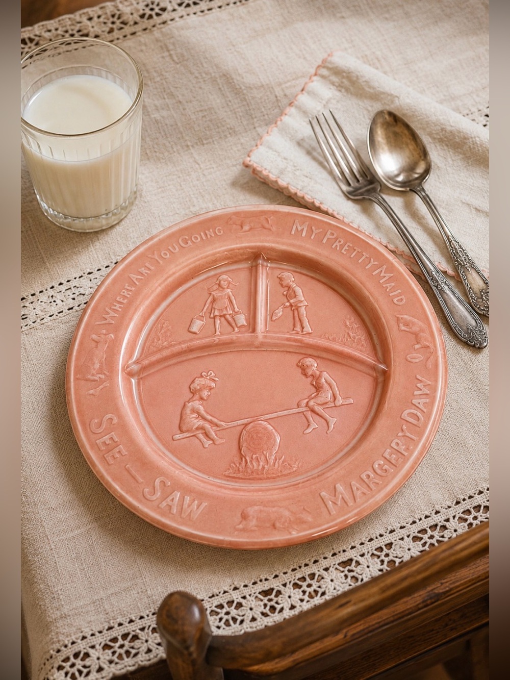 1930’s Margery Daw vintage child’s plate- dusty pink